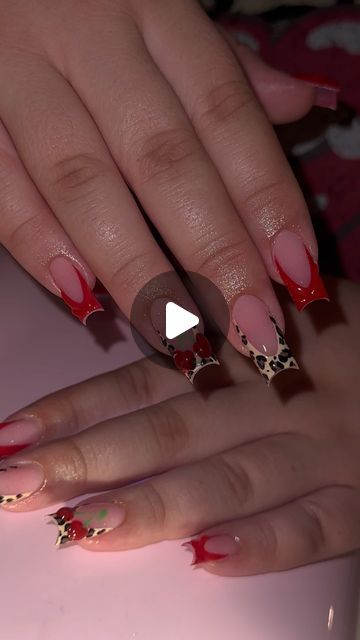 𝐊𝐚𝐲𝐥𝐚 🫶🏻 on Instagram: "These Were SOO Much Fun To Create 🍒🍒  #nailsofinstagram #explorepage #nailsnailsnails #cheetahnails #cherry" Leopard And Cherry Nails, Red Cheetah Print Nails, Red And Cheetah Nails, Red Cheetah Nails, Cheetah Nail Art, Cheetah Print Nails, Cheetah Nails, Cherry Nails, Colored Acrylic