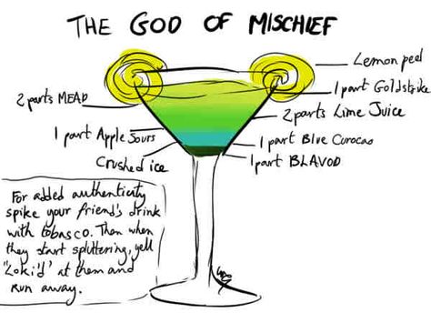 Avenger's God of Mischief Cocktail Super Hero High, Best Avenger, Themed Drinks, Creative Cocktail, Shot Recipes, Mixed Drinks Recipes, Drink Recipe, Adult Drinks, The Avengers