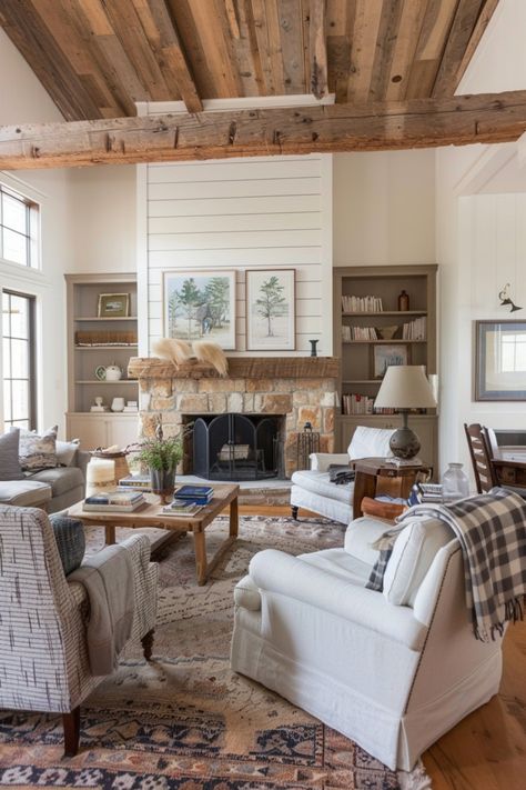 Design a rustic/farmhouse modern style living room with these shiplap fireplace ideas. Rustic Fireplace Living Room, Vintage Farmhouse Fireplace, Family Room Fireplace Built Ins, Shiplap Above Stone Fireplace, Rooms With Shiplap, Fireplace Ideas Rustic, Stone And Shiplap Fireplace, Shiplap Fireplace Ideas, Shiplap Living Room