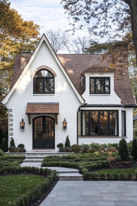 White French Cottage Exterior, French Farmhouse Architecture, Tudor Style Homes Exterior Update, Quaint Houses Exterior, Blue Window Trim Exterior, Exterior House Colors Cottage Style, White House With Brown Trim Exterior, Different Styles Of Houses Architecture, Houses With Garages On The Side