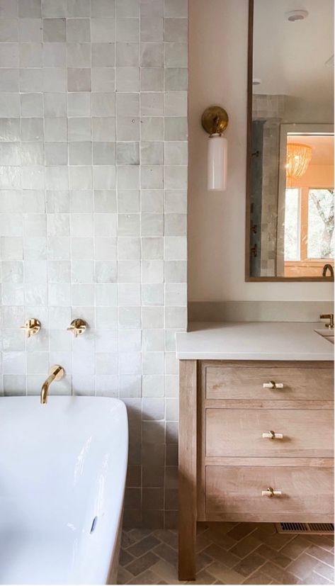 4x4 Zellige Tile, Natural Organic Interior Design Bathroom, Bathroom Tile Inspiration Accent Wall, Modern Farmhouse Ensuite, Modern Farmhouse Master Bath Tile, Timeless Guest Bathroom, Master Bath 2023, Modern European Bathroom, Master Bathrooms 2022