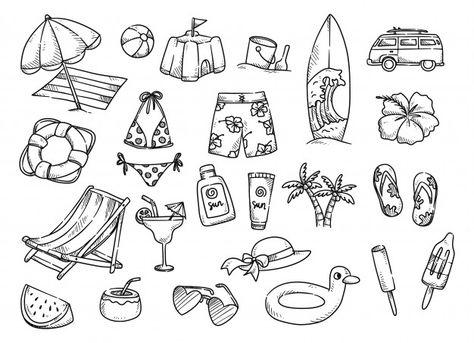 Set of hand drawn summer related object Premium Vector Beach Doodles, Harry Potter Portraits, Sand Drawing, Doodle Wall, Beach Drawing, Doodle Images, Handmade Stamps, Bullet Journal Notebook, Cute Love Stories