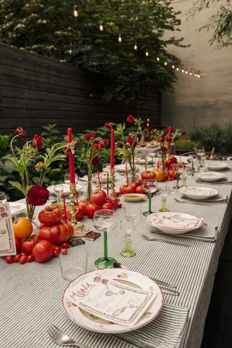 The Dinner Party Of Your Dreams | Wolf & Badger Italian Brunch Ideas Decor, Italian Style Birthday Party, Italian Garden Dinner Party, Italian Inspired Tablescape, Italian Dinner Party Table Settings, Tablescape Dinner Party, Tomato Party Decorations, Italian Tablescape Ideas, Italian Summer Decor