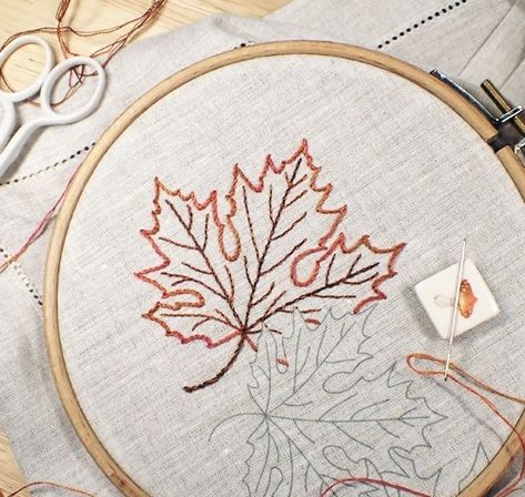 Fall Tree Embroidery, Autumn Embroidery Patterns Free, Fall Leaf Embroidery, Autumn Embroidery Patterns, Creative Pattern Making, Fall Hand Embroidery, Fall Leaves Embroidery, Autumn Leaves Embroidery, Punching Needle