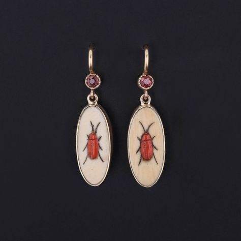 To create these earrings, our jeweler carefully cut antique shibayama game pieces (circa 1880) into an oval shape, mounted them in 14k gold, and added 14k ear wires and ruby surmounts.   Each earring measures 1.1 inches from the top of the ear wire to bottom by 0.3 inches wide, and they are in excellent condition. We have many other fantastic offerings of period fine jewelry posted on our Etsy store, so please consider browsing our other items. We send all items in individually packaged gift box Funky Earrings Vintage, Insect Earrings, Whimsical Earrings, Unique Jewelry Vintage, Earrings Art, Insect Jewelry, Fun Jewelry, Jewelry Post, Dope Jewelry