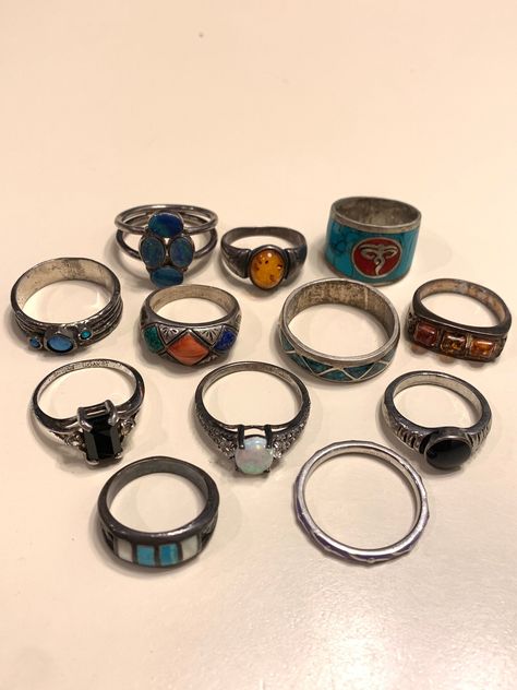 12 Vintage / Antique Sterling Silver Rings Some Native American Native American Accessories, Silver Rings Aesthetic Vintage, 2000s Rings, Vintage Rings Aesthetic, Vintage Rings Antiques, Ringe Aesthetic, Gold And Silver Jewelry Together, Silver Rings Aesthetic, Cool Rings