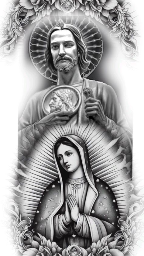 Virgin Mary And San Judas Tattoo, San Judas And Virgen Tattoo Together, Saint Jude Drawing, St Jude Tattoo, St. Jude Tattoo, Virgin Mary Tattoo Design, Hispanic Tattoos, Virgen De Guadalupe Tattoo Ideas, Virgen Mary Tattoo