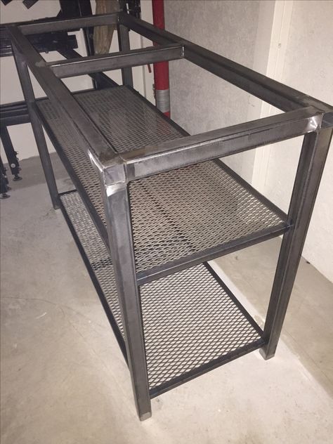 1.5 Steel table frame with expanded metal shelves that will hold 100 year old Fir barn wood Metal Frame Furniture, Welded Shelves, Industrial Metal Table, Metal Work Bench, Aluminum Welding, Shelves Metal, Welded Furniture, Industrial Kitchen Design, Metal Shelving