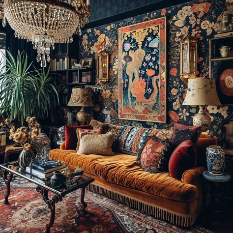 21+ Vibrant Maximalist Living Room Inspirations for Your Home • 333k+ Inspiring Lifestyle Ideas & Images Earth Tone Maximalist Decor, Interior Design Maximalist Living Room, Whimsical Interior Design Living Room, Abigail Ahern Living Room, Living Room With Arches, Maximalist Tv Room, Whimsygoth Living Room, Eclectic Maximalist Living Room, Moody Living Room Lighting