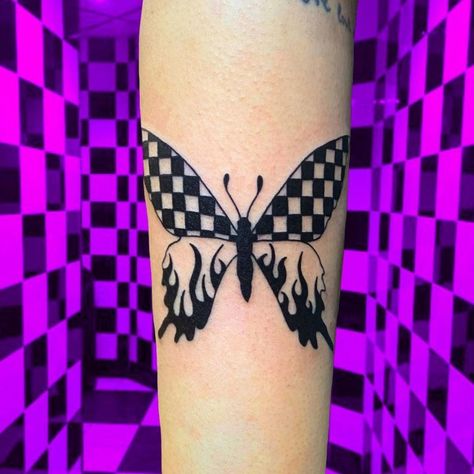 Checkerboard Tattoo, Checkered Tattoo, Colorful Butterfly Tattoo, Butterfly Tattoo Ideas, Small Butterfly Tattoo, Warm Color Schemes, Trippy Designs, Poke Tattoo, Ombre Effect