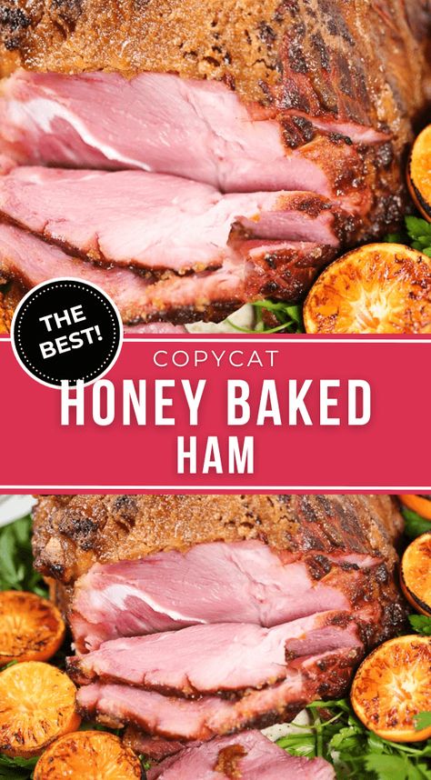 This copycat Honey Baked Ham recipe is amazing. The sweet glaze and seasoned rub compliment salty ham perfectly. Honey Baked Ham Recipe, Ham Recipes Baked, Thanksgiving Turkeys, Christmas Dinner Ideas, Ham Glaze Recipe, Honey Baked, Sweet Glaze, Honey Ham, Turkey Ham