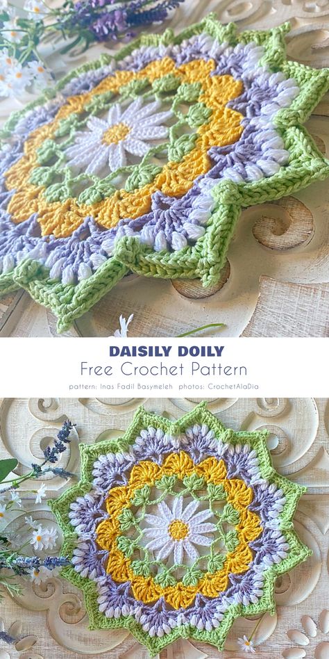 Daisily Doily Old Crochet Doilies Craft, Granny Square Doily, Daisy Doily Crochet Pattern, Crochet Mandala Doily Free Pattern, Crochet Patterns Dk Yarn, How To Crochet Doilies, Mandala Doily Crochet Pattern, Crochet Doily Blanket, Crochet Blanket Projects