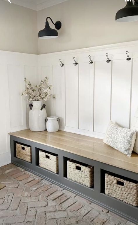 Front Hallway Bench Ideas, Shiplap Accent Wall Entryway, Makeshift Mudroom, Entry Mudroom Ideas, Front Entrance Bench, Kylie House, Cottage Closet, Drop Zone Ideas, Laundry Idea