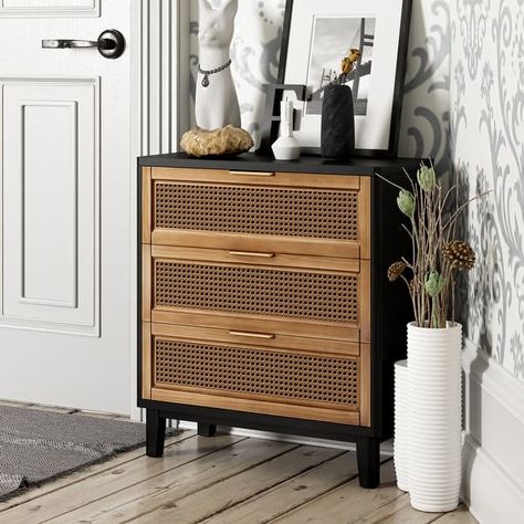 COZAYH Farmhouse 3-Drawer Nightstand, Rattan Cane Front Accent Dresser for Living Room, Bedroom - On Sale - Bed Bath & Beyond - 37495669 Accent Dresser, Mid Century Chic, Nightstand Set, Black Nightstand, Nightstand Set Of 2, Distressed Frames, Accent Chests And Cabinets, Contemporary Coastal, 3 Drawer Nightstand