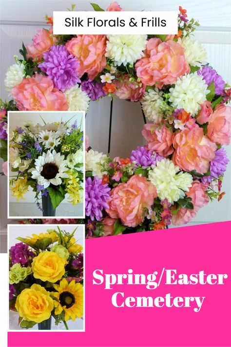 Pretty cemetery wreaths and arrangements for your loved ones. Pretty Cemetery, Sunflower Table Arrangements, Gravestone Flowers, Cemetery Wreaths, Sunflower Table Centerpieces, Cemetery Arrangements, Easter Flower Arrangements, Green Centerpieces, Easter Flower