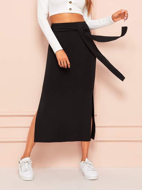 Shein Tie Waist Split Side Solid Skirt Split Side Skirt, Pu Skirt, Pleated Chiffon Skirt, Solid Skirt, Cheap Skirts, Overlay Skirt, Textured Skirt, Printed Pleated Skirt, Dot Skirt