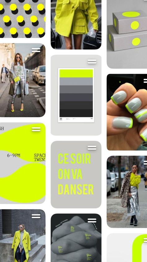 🎨  #freedesign Neon Brand Identity, Neon Yellow Branding, Neon Yellow Color Palette, Neon Green Branding, Neon Green Color Palette, Gray Moodboard, Color Palette Neon, Neon Moodboard, Neon Packaging