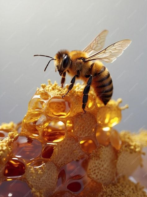 Premium AI Image | Bee and melting honey flower Bee Close Up, Honey Bee Aesthetic, Bee Pics, Honeybee Photography, Bees Aesthetic, Honey Bee Images, Honey Bee Pictures, Bee Magic, Bee On Honeycomb