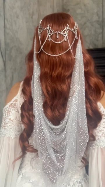 Wedding Looks With Veil, Elvish Inspired Wedding Dress, Fantasy Wedding Dress Elves, Elf Princess Wedding Dress, Wedding Hair Down Headpiece, Wedding Veil Cloak, Glitter Hair Wedding, Elven Wedding Veil, Got Wedding Dress