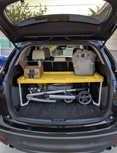 Wagon Storage Ideas, Toddler Car Storage, Car Seat Storage In House, Car Seat Storage, Baby Carrier Storage Ideas, Stroller Trunk Hack, Stroller Storage Ideas, Car Storage Ideas, Garage Stroller Storage