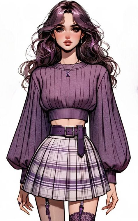 Smart Casual Looks, Purple Combination, Digital Art Character Design, Digital Art Character, Mini Skirt Fashion, Fashion Design Drawing, Art Character Design, Skirt Purple, Fashion Drawing Dresses