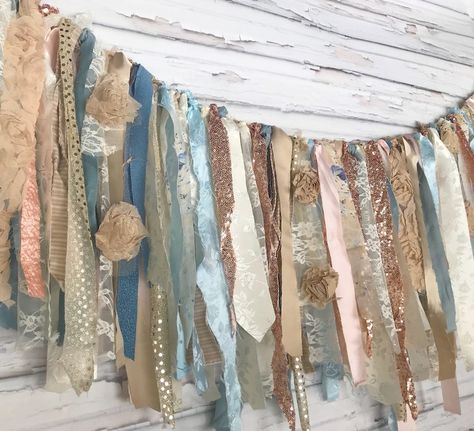 Glitz Collection: Slate Blue and Rose Gold Shabby Banner | Etsy Shabby Chic Garland, Rag Tie Garland, Rose Gold Banner, Rag Banner, Rose Gold Wedding Decor, Rag Garland, Green Garland, Gold Wedding Decorations, Fabric Garland