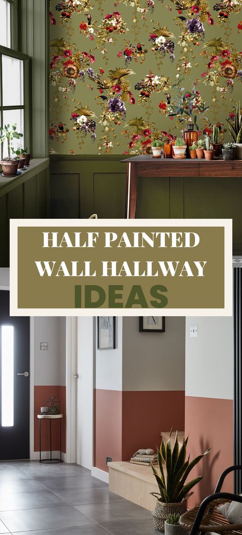 half painted wall hallway ideas, a green lower half of wall with wallpaper on the upper, and a terracotta and white half painted wall hallway. Half Painted Wall Entryway, Split Wall Paint Hallway, Half Painted Wall With Wood Trim, Paint Bottom Half Of Wall Hallway, Half Height Painted Walls Bedroom, Painting A Hallway Ideas, Half Wallpaper Half Paint Hallway, Statement Wall Hallway, Half Wallpapered Wall