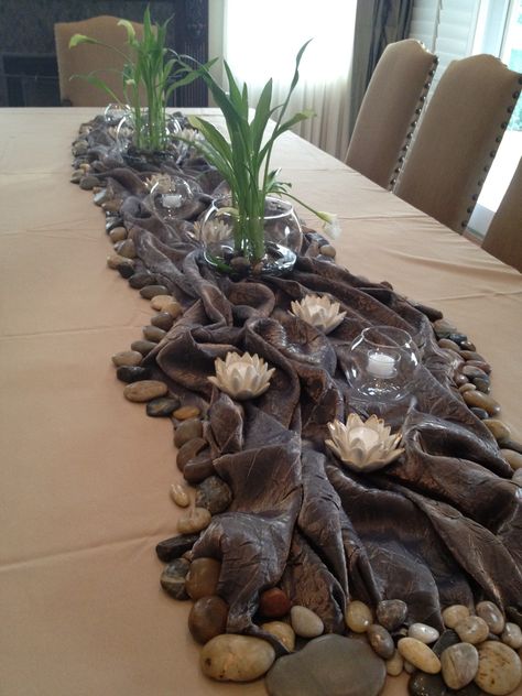 Centerpiece, stream, river, lake, nature themed table decor Cajun Themed Centerpieces, Water Theme Table Decor, Nature Themed Table Decor, Nature Themed Centerpieces, Fish Table Decorations, River Party Decorations, Oregon Themed Party, River Themed Decor, Water Theme Centerpieces