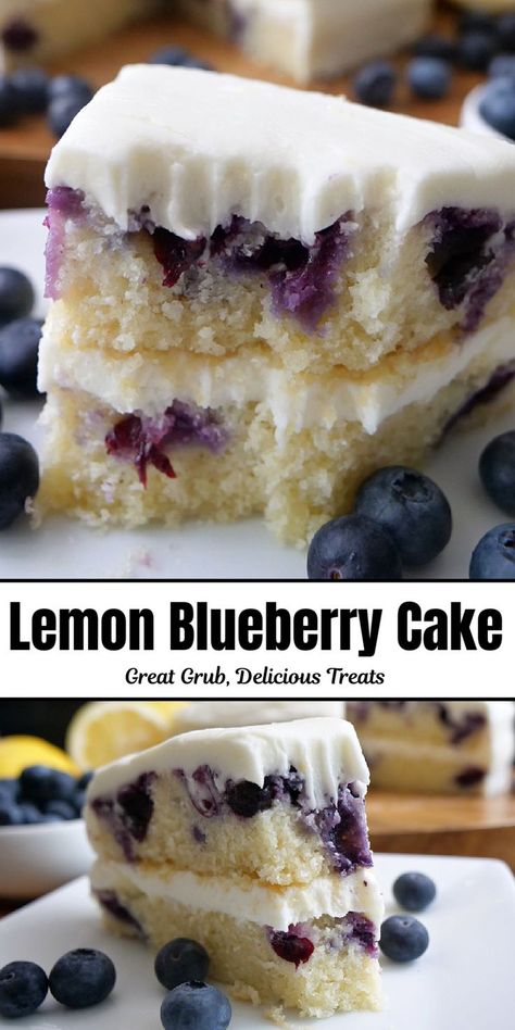 A double photo collage of lemon blueberry cake on a white plate. Homemade Blueberry Cake, Delicious Lemon Desserts, Blueberry Lemon Cake Recipe, Fresh Blueberry Recipes, Lemon Cream Cake, Blueberry Desserts Recipes, Lemon Blueberry Cake, Lemon Cream Cheese Frosting, Blueberry Cake Recipes