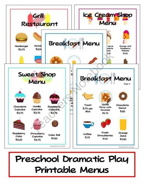 Free+Printable+Preschool+Dramatic+Play+Menu Preschool Restaurant, Preschool Dramatic Play, Play Menu, Pretend Play Printables, Free Printable Menu, Dramatic Play Themes, Dramatic Play Printables, Restaurant Themes, Dramatic Play Preschool