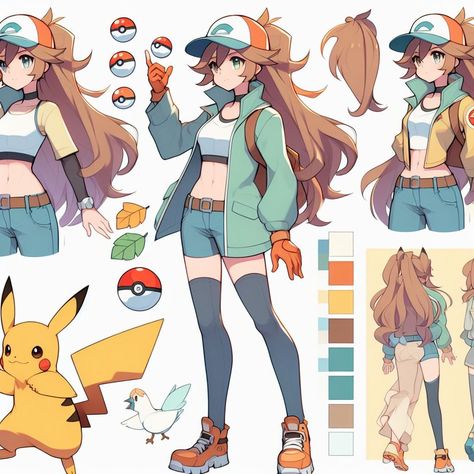 N Cosplay Pokemon, Pokemon Trainer Inspired Outfits, Pokemon Trainer Outfit Designs, Pokémon Trainer Outfit, Pokémon Oc Trainer, Pokemon Trainer Outfit Ideas, Pokemon Hairstyles, Pokemon Oc Female Trainer, Pokemon Trainer Oc Character Design