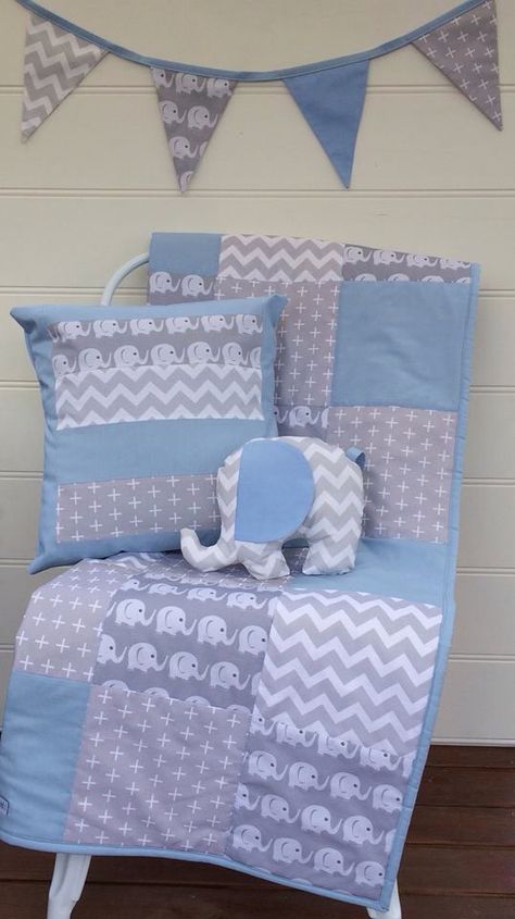 Blue grey cot set Grey Cot, Cot Sets, Elephant Quilt, Baby Patchwork Quilt, Cot Quilt, Patchwork Baby, Baby Boy Quilts, Patchwork Cushion, Bunting Flags