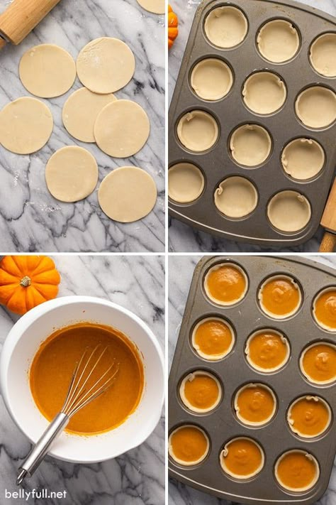 These Mini Pumpkin Pies have all the flavors of traditional pumpkin pie, but in mini form and individual servings. Super easy dessert and great for Thanksgiving or entertaining! Mini Pumpkin Pie Cupcakes, Mini Pumpkin Pies In Cupcake Tin, Pumpkin Pie Tarts Mini Easy, Mini Pumpkin Pie Tartlets, Mini Muffin Pan Pumpkin Pies, Small Batch Mini Pumpkin Pies, Pumpkin Pie In Muffin Cups, Pumpkin Pie In Cupcake Pan, Pillsbury Mini Pumpkin Pies