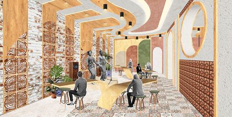 BABA NYONYA COMMUNITY CENTRE on Behance Interior Design Visual Presentation, Interior Design Illustration, Architecture Degree, Urban Spaces Design, Baba Nyonya, Interior Design Portfolio Layout, Architecture Restaurant, Indesign Layout, Presentation Board Design