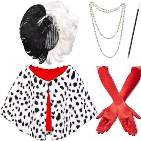 ZeroShop Women's Dalmatian Diva Cosplay Fancy Dress Costume for Halloween - Black white Wigs and Dalmatian Shawl

1 x black and white wig; 1 x red gloves; 1 x dalmatian shawl scarf; 1 x cigarette holder; 1 x necklace; 1 x wig cap.

The dalmatian shawl scarf was well made, soft, and kept warm throughout the night, was the finishing touch to your halloween costume for a mystery dinner party.
The red gloves and cigarette holder are great halloween accessories. Magical Cosplay, Cruella Deville Costume, Black And White Wig, New Halloween Costumes, 1920s Outfits, White Costumes, Red Gloves, Cosplay Accessories, Fantasias Halloween