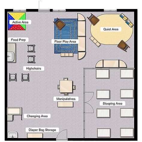 Daycare Floor Plans, Toddler Daycare Rooms, Classroom Floor Plan, Daycare Room Design, Preschool Classroom Layout, Infant Room Daycare, Infant Toddler Classroom, Daycare Setup, Daycare Business Plan