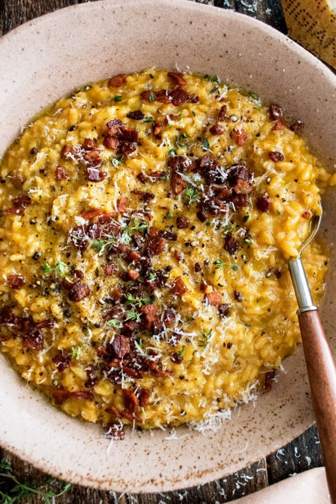 The Original Dish Recipes, Pumpkin Bacon Risotto, Gourmet Fall Recipes, Autumn Dinner Recipes Fall, One Pot Thanksgiving Dinner, Romantic Fall Dinner Recipes, Pumpkin Risotto With Goat Cheese, Pumpkin Mushroom Risotto, Nontraditional Thanksgiving Recipes