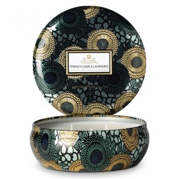 LTD EDITION 3 WICK CANDLE IN DECORATIVE TIN - FRENCH CADE & LAVENDER Japanese Inspired Art, Voluspa Candles, Amber Candle, 3 Wick Candle, Amber Resin, Bright Copper, Tin Candle, Vanilla Orchid, Metal Containers