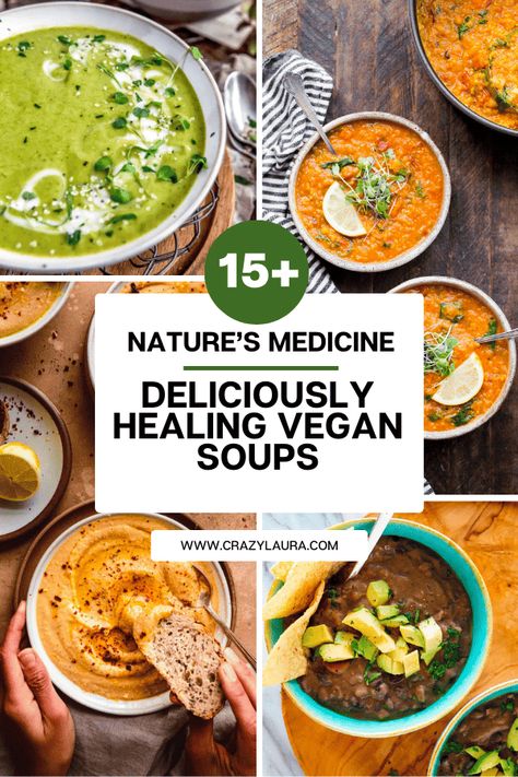 Feeling sick? What better comfort is there than steaming bowls of healing vegan soups that nourish both body and soul? #Vegan #Healthy #Foodie Vegan Recipes When Sick, Recipes When Sick, Healing Soups, Vegan Split Pea Soup, Creamy Potato Leek Soup, Vegan Minestrone Soup, Vegan Tomato Soup, Crazy Laura, Coconut Curry Soup