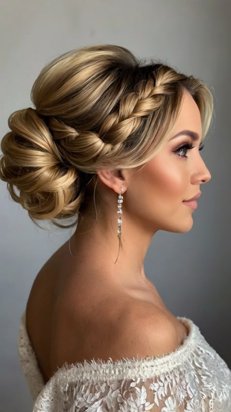 Elegant Braids Hair styles Updo Ideas for Updos For Long Hair High Bun, Hair Updos Bride, Bridal Updo With Veil Brown Hair, Low Boho Bun Wedding, Mid Length Bridal Hair Updo, Sleek High Bun Bridal Hair, Double Braid Updo, Formal Updo For Long Hair, Up Do’s