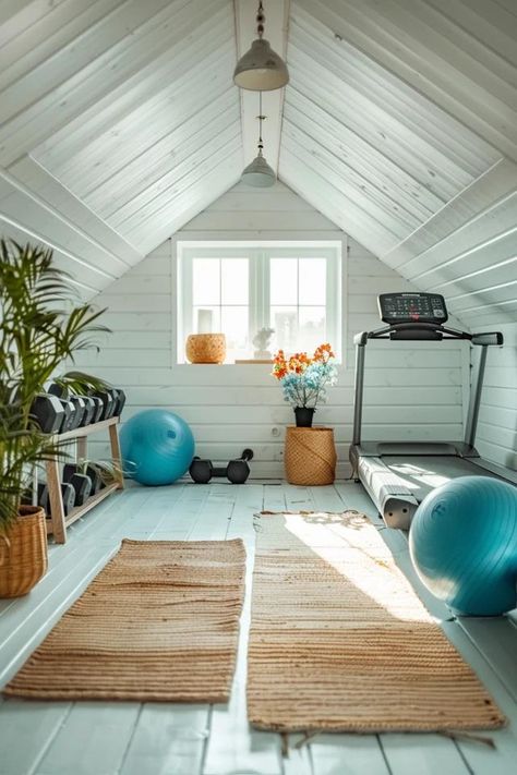 Attic Exercise Room: Fitness Essentials Yoga Attic Space, Attic Gym Ideas Exercise Rooms, Home Gym Attic, Attic Gym Ideas, Attic Gym, Home Gym Storage, Fitness Essentials, Workout Room Home, Attic Ideas