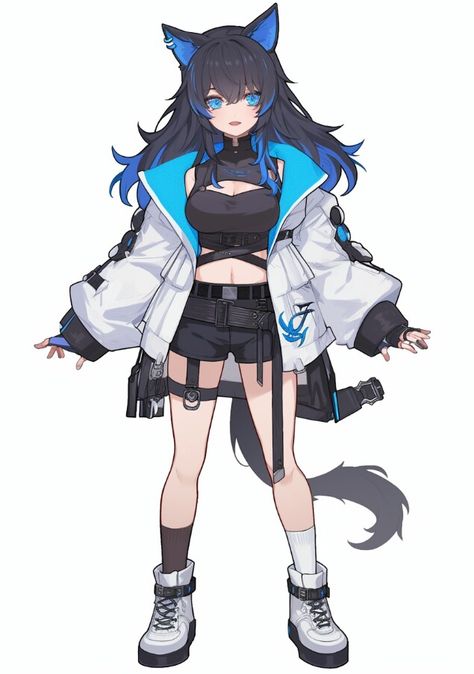 Anime Female Outfits Casual, Techwear Female, Vtuber Outfits, Anime Techwear, Anime Jacket, Drawing Anime Clothes, Fantasy Creatures Art, Anime People, Anime Cat