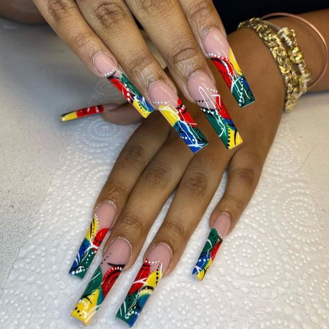 Cincinnati Nail Tech on Instagram: “This design plus these colors…😍😍😍 Definitely giving 90’s!!! Love how these came out ❤️ #cincinnatinails #cincinnatinailtech #atlantanails…” Nail 90s Style, 90s Nail Designs Art Ideas, 90s Auntie Nails, 90s Acrylic Nails Art Designs, 90s Nails Designs, 90s Abstract Nails, 90’s Nail Designs, 90 Nails The 90s Art Designs Long, 90s Nails Acrylic Black Women Designs