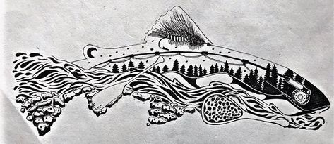 Mountain Fishing Tattoo, Dragon Koi Tattoo Design, Fisherman Tattoo, Eagle Shoulder Tattoo, Western Drawings, Trout Tattoo, Fishing Tattoos, Fly Fishing Tattoo, Outdoor Tattoo