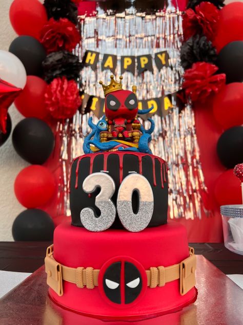 Deadpool Theme Birthday Party, Deadpool Birthday Party Ideas, Deadpool Theme, Deadpool Cake, Deadpool Party, Deadpool Birthday, Hulk Buster, 18th Cake, 30th Party