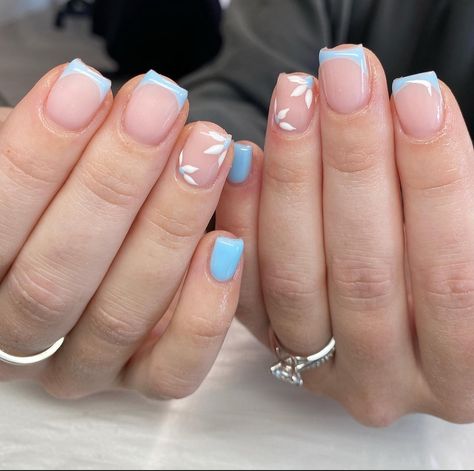 Baby blue French tip square nails summer nails spring nails wedding nails Blue French Nails Short, Short Blue French Tips, Baby Blue Spring Nails, Blue French Tips Square, Baby Blue Square Nails, Baby Blue French Nails, Baby Blue French Tip, Light Blue French Tip Nails, Opi Gel Nail Polish