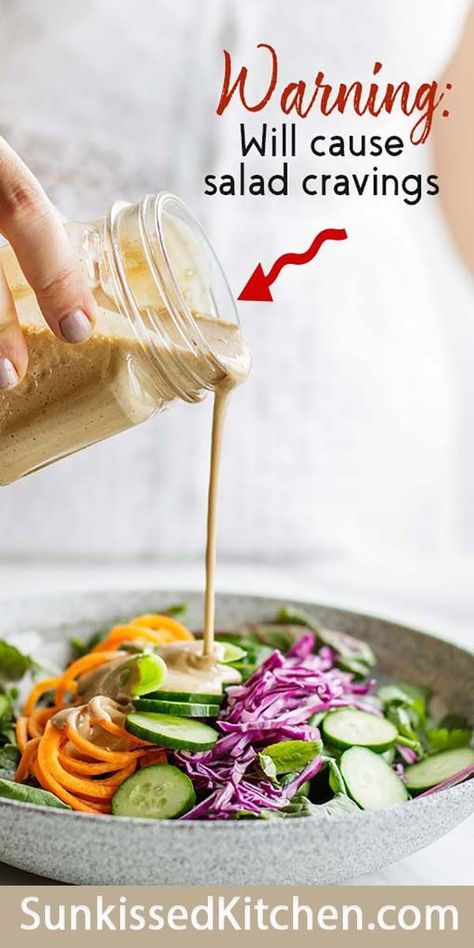 This Spicy Thai Almond Salad Dressing will have you craving salad! It’s seriously addictive. Creamy almond butter and coconut milk mix with sweet and sour Thai flavors for a dressing that’s truly unique! This is perfect for allergy suffers or anyone who avoids peanuts – a great peanut sauce with almond butter. | SUNKISSEDKITCHEN.COM | #SunkissedKitchen #thai #saladdressing #greens #healthyrecipes Almond Dressing, Thai Salad Dressings, Almond Salad, Dressing Salad, Thai Salads, Salad Dressing Recipes Homemade, Spicy Thai, Healthy Salad Dressing, Homemade Salads