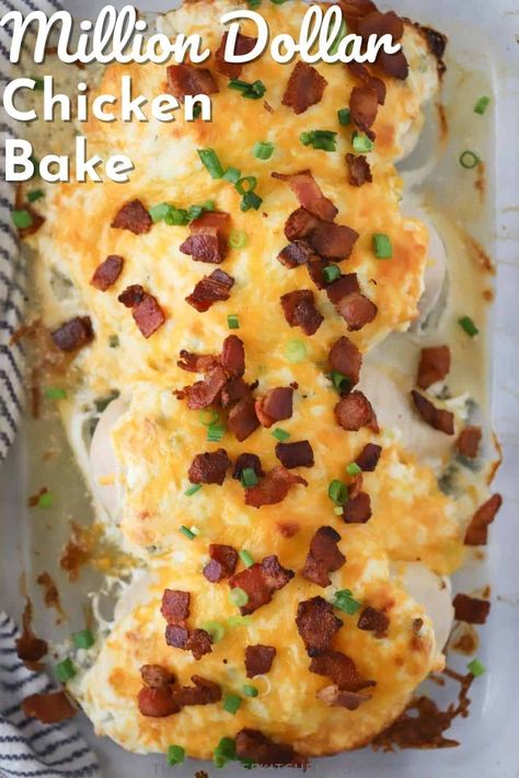 This easy Million Dollar Chicken Bake is juicy, flavorful, and everything but boring. Tenderized chicken breasts are spread with a creamy sauce made from cream cheese, sour cream, shredded cheese, and green onions, baked to perfection, and topped with crispy bacon bits. #thecarefreekitchen #chicken #dinnerideas #milliondollarrecipe #milliondollarchicken #casserole #chickenbreast