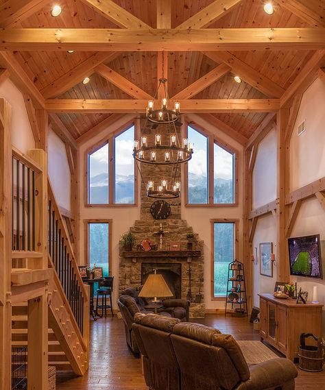 Settlement Post & Beam | Gallery Modern Timber Frame Homes Interiors, Timberframe Interiors, Post And Beam Interiors, Timber Frame Home Interiors, Post Beam House, Timber Frame Interior, Timber Frame Great Room, Modern Timber Frame Homes, Post Frame Homes