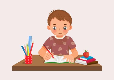 Cute little boy sitting on the desk studying writing on notebook doing his homework at home Homework Clipart, Comparative Adjectives, Feeling Excited, Home Study, Writing Notebook, Do Homework, Homework, Premium Vector, Graphic Resources